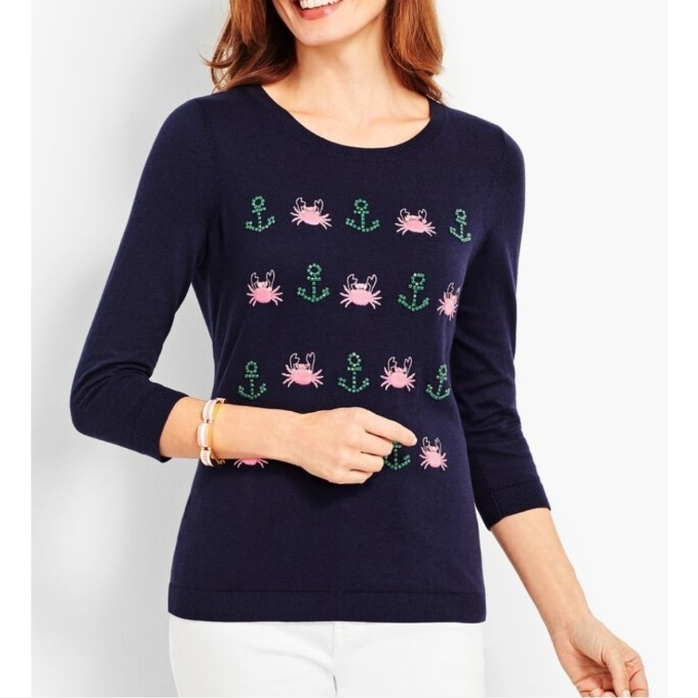 Talbots Seashore Embroidered crewneck‎ Petite 2X Crab Anchor Sweater